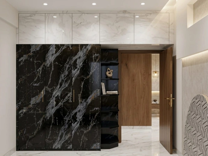 Luxury black marble textured wall paneling and wooden door design for a modern home