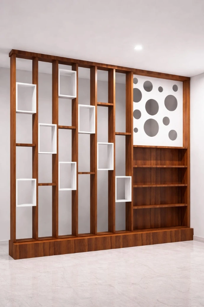 Custom wooden room partition with geometric cutout designs for a contemporary living space