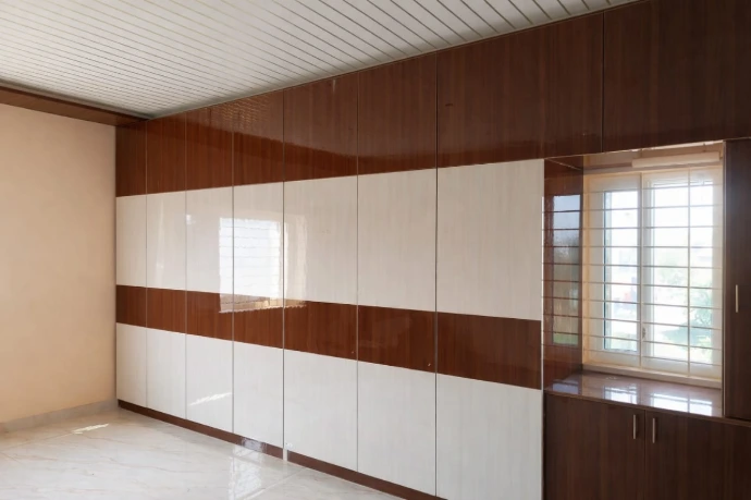 Custom dual-tone wooden overhead kitchen cabinets and smart storage solutions